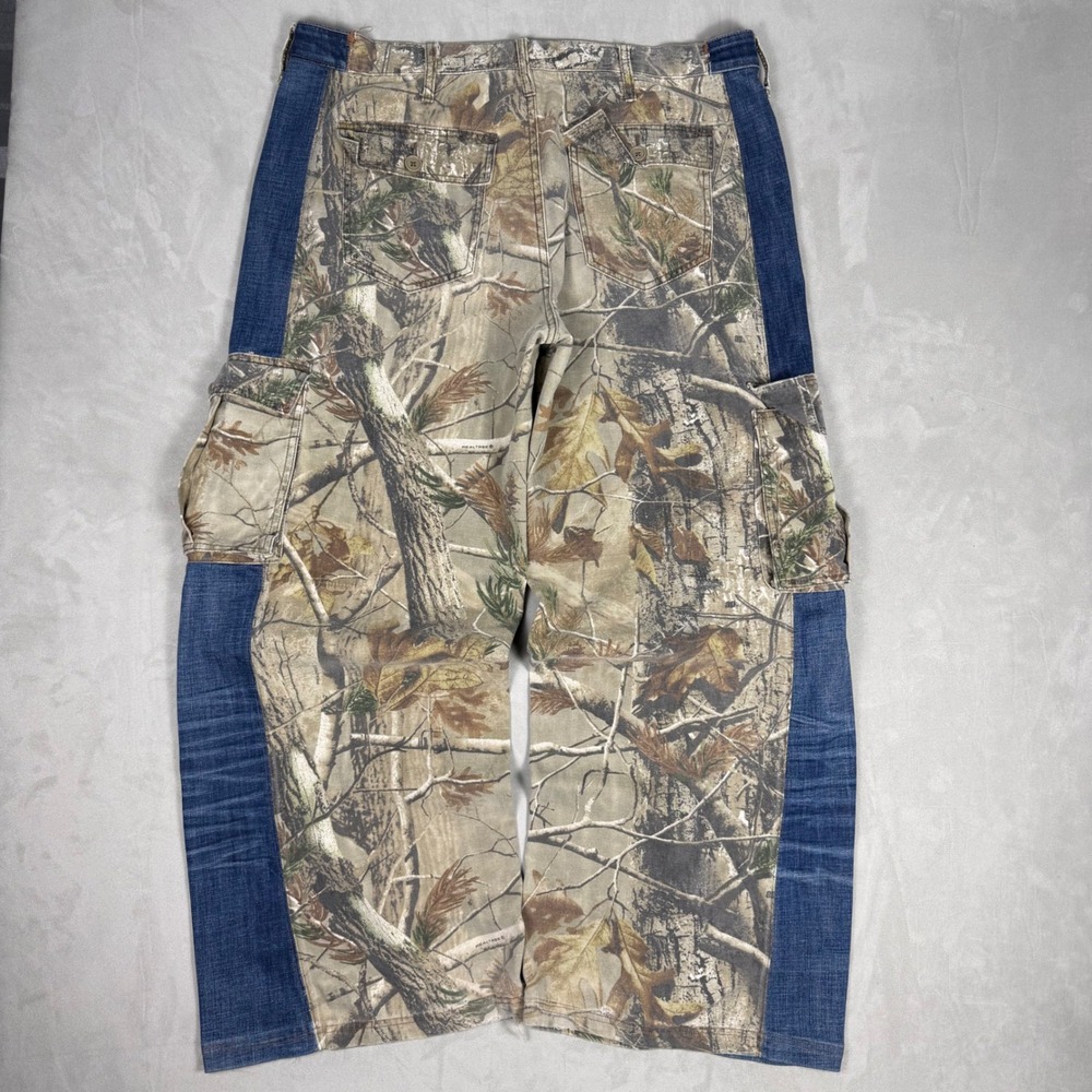 Y2K Mens Custom Realtree Camo Denim Patchwork Wide Leg Cargo Pants 36
